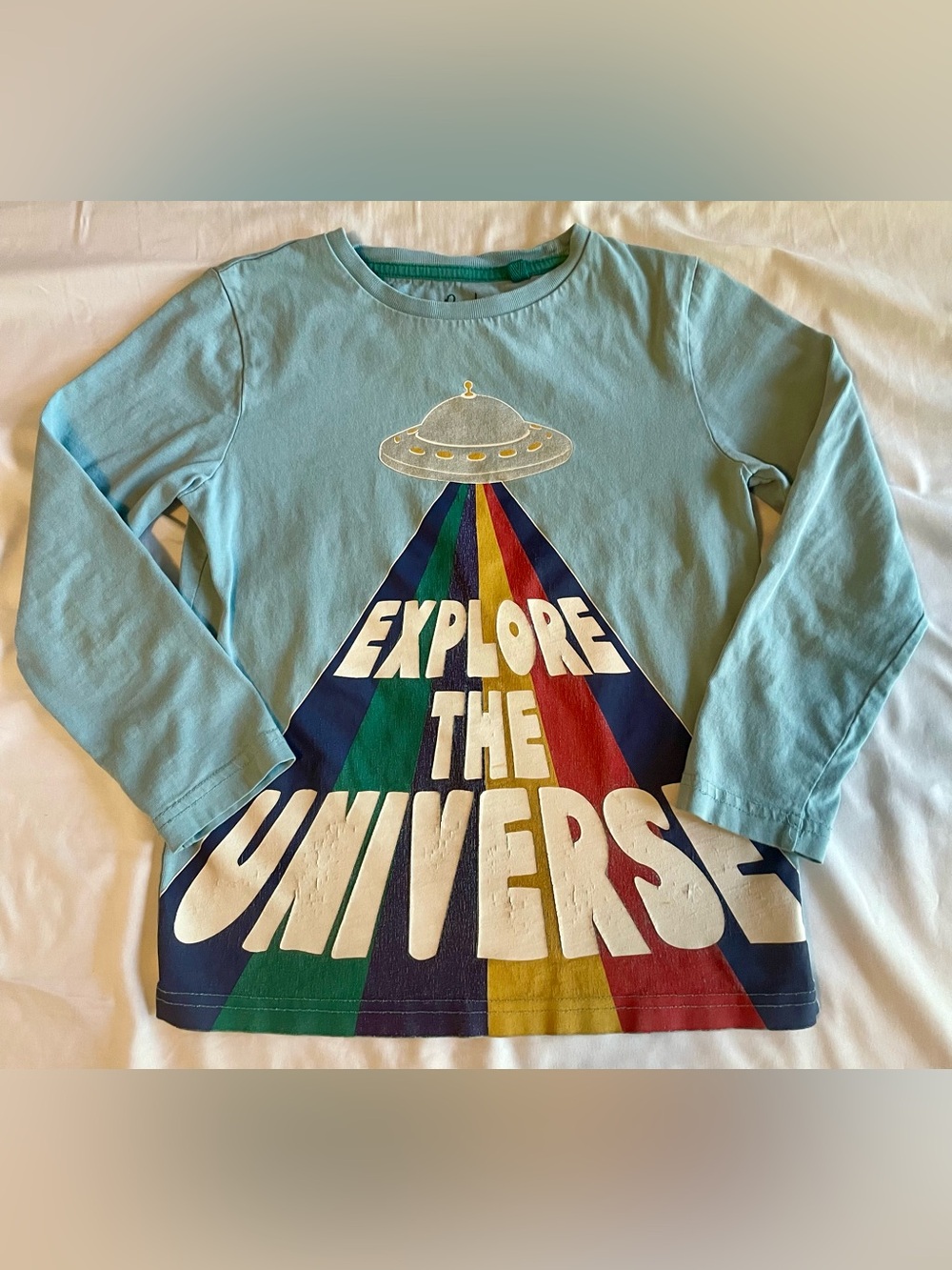 Mini Boden size 6-7 Light Blue 'Explore the Universe' Graphic Long-Sleeve